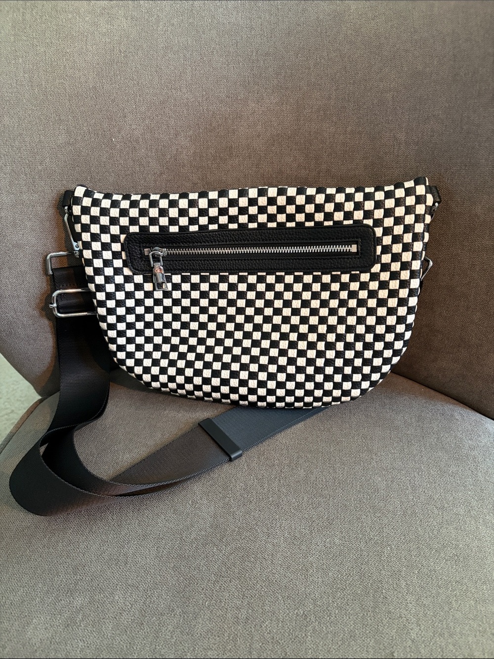 Checkered Black and White Crossbody Bag with Adjustable Strap - Picture 2 of 4